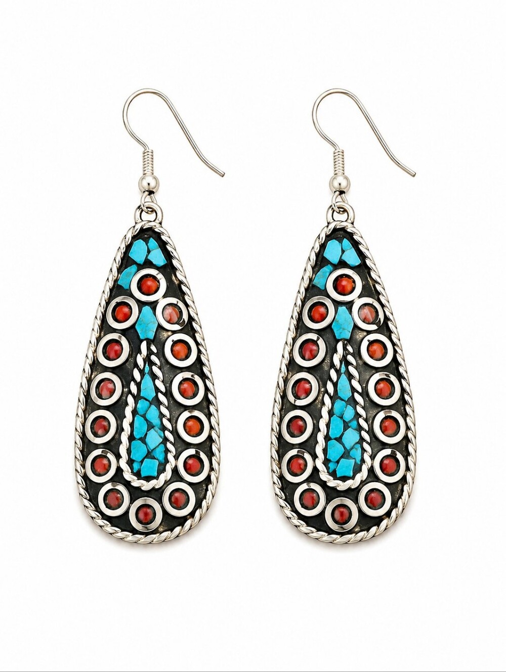 Tibetan Silver Turquoise Coral Mosaic Teardrop Dangle Festival Earrings